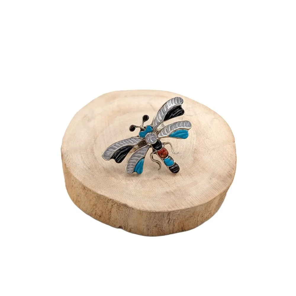 Zuni Inlay Ring Multi-Stone Insect Sterling Silver Sz 6.25 Signed Pinto‎